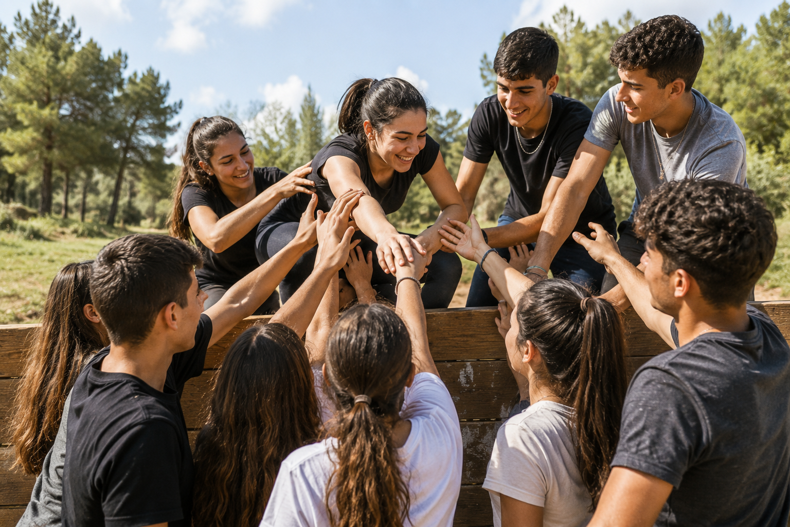 קבוצה מסייעת למשתתפת לעבור מעל מכשול עץ — התמודדות משותפת ועזרה הדדית